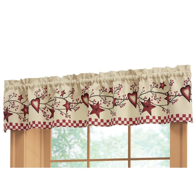 Collections Etc Country Heart Checkered Rod Pocket Window Valance, 71" W x 14" L, Red - Image 1